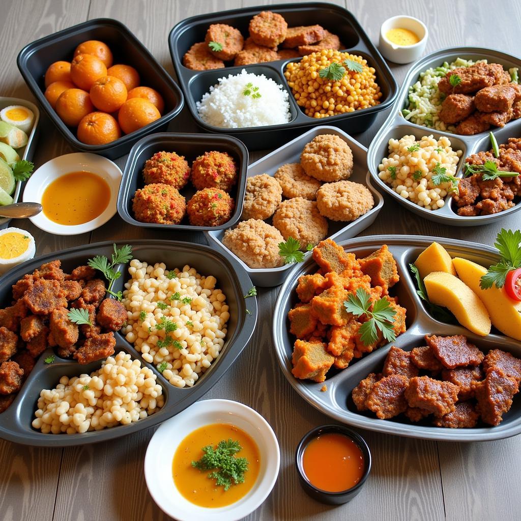 A variety of delicious halal tingkat meals prepared for delivery in Singapore