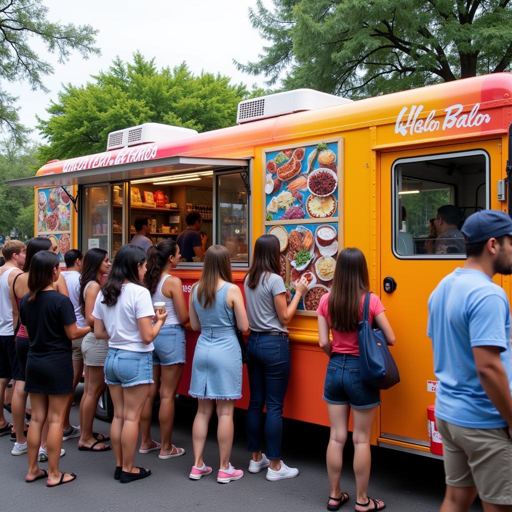 A bustling halo halo food truck serving a long line of eager customers