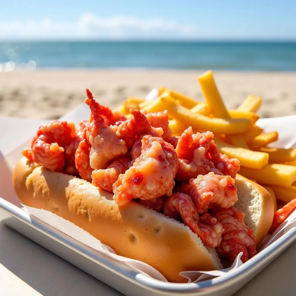 Close-up shot of a delicious lobster roll from a Hamptons food truck