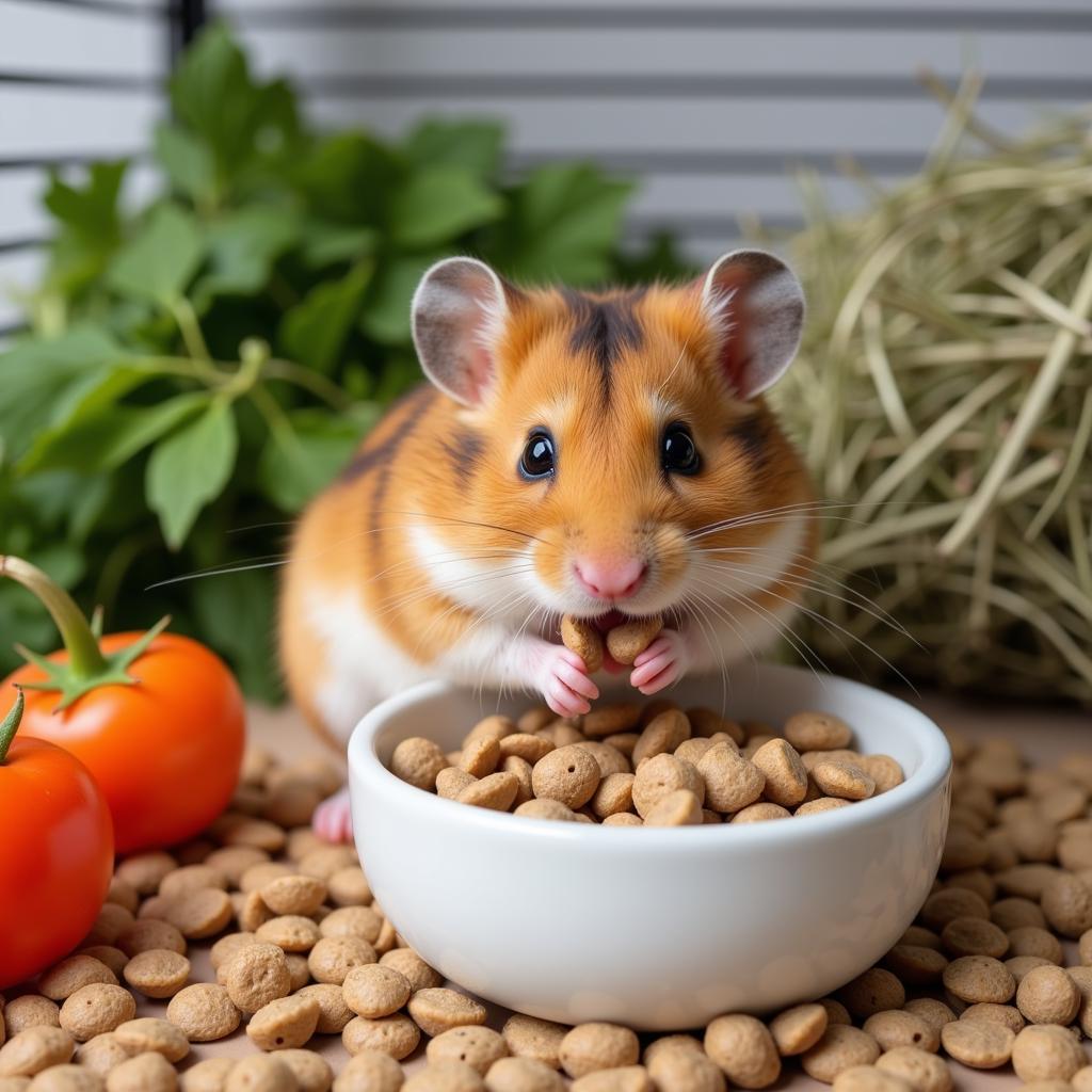 A hamster eating from a bowl filled with commercial hamster food, fresh vegetables, and a side of timothy hay.