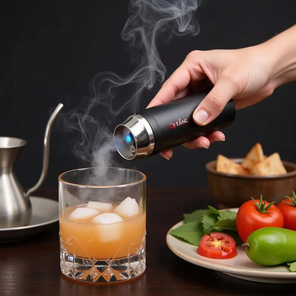 Handheld food smoker infusing smoke into a cocktail glass