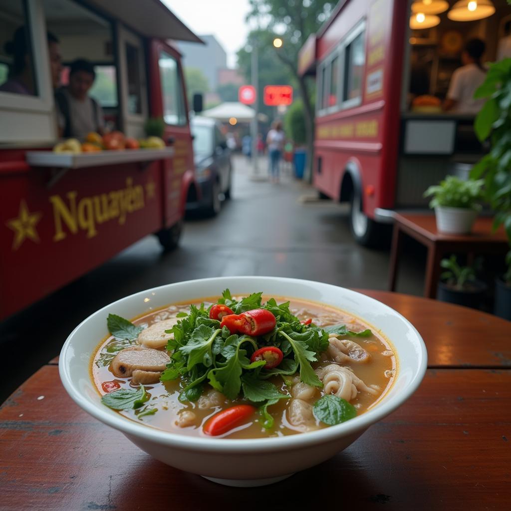 A steaming bowl of pho from a Nguyen street food truck in Hanoi