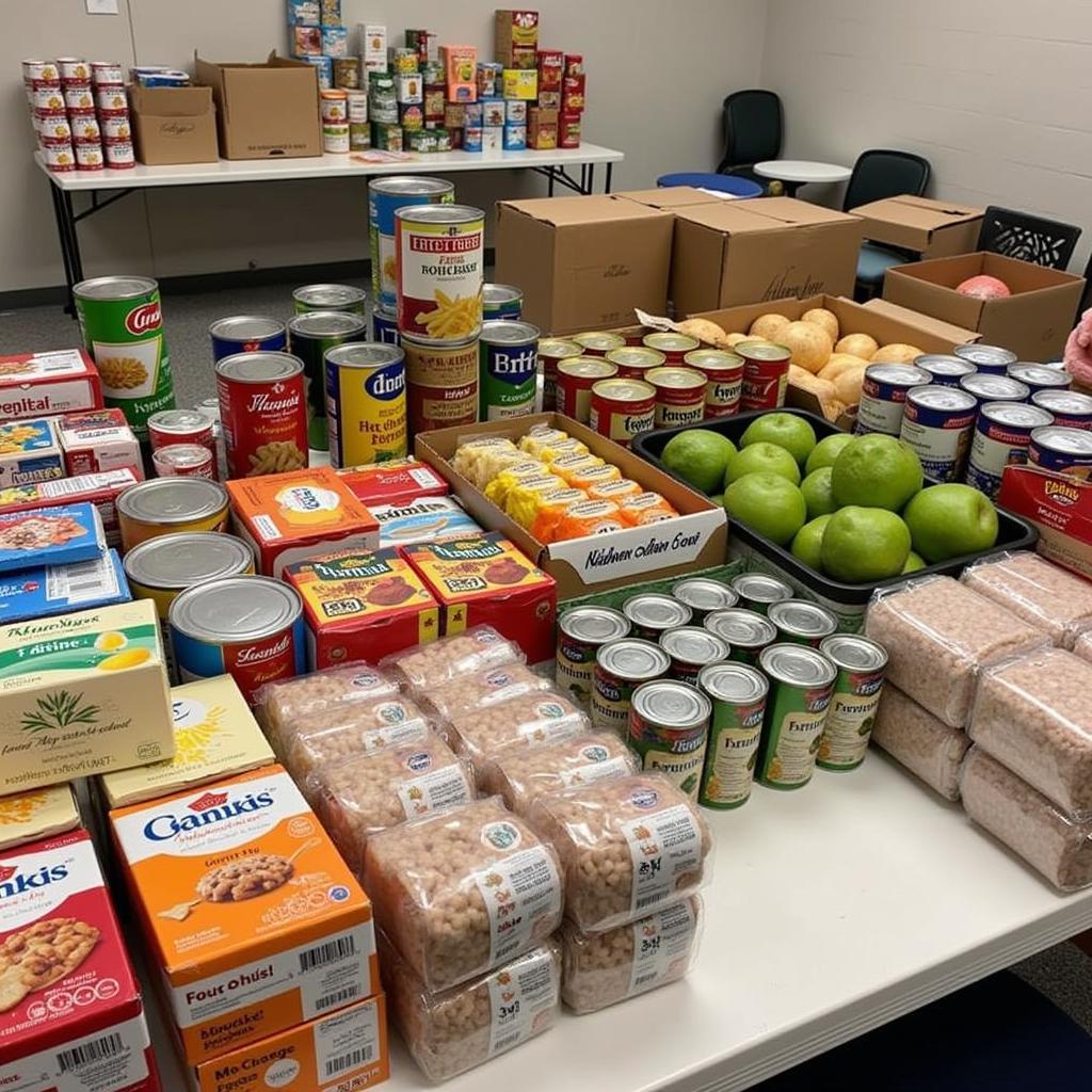  Various food donations on a table at the Hanover Food Pantry 