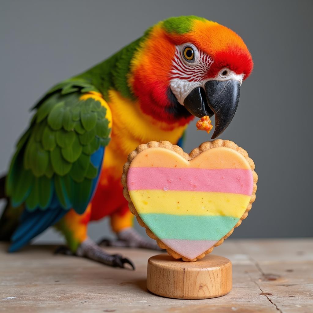 A parrot enjoying a treat from a bird food baking company