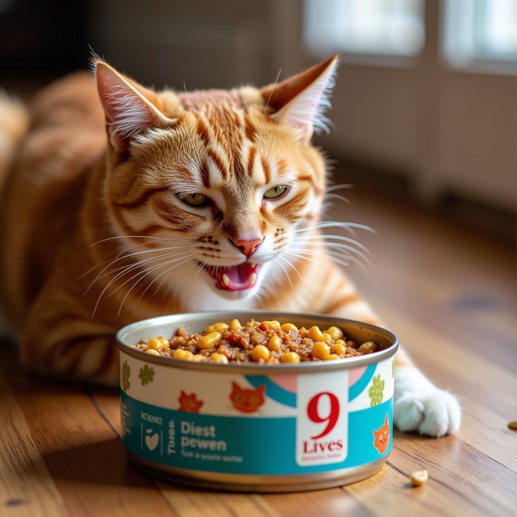 Happy Cat Enjoying 9 Lives Canned Food