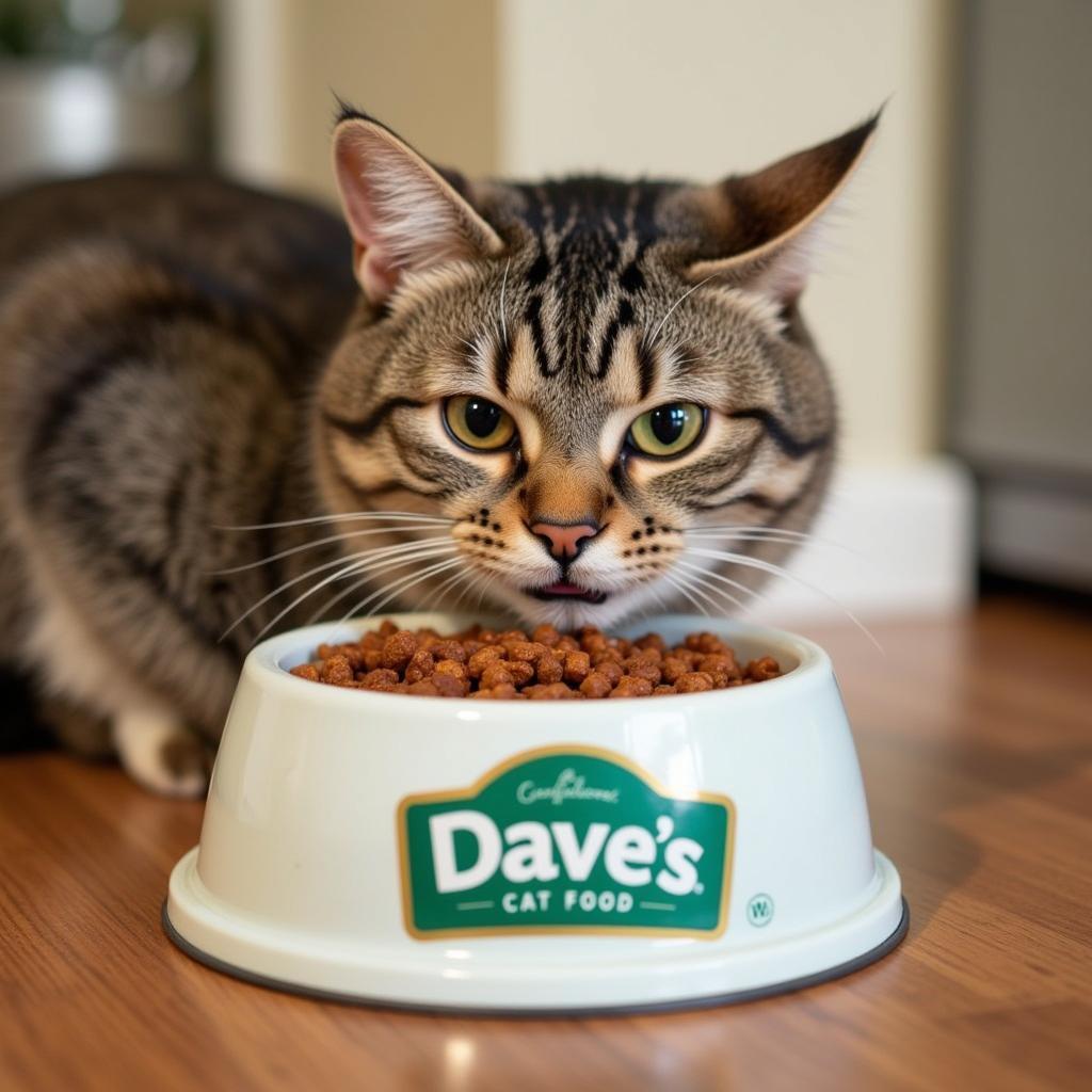 Happy Cat Eating Dave's Cat Food