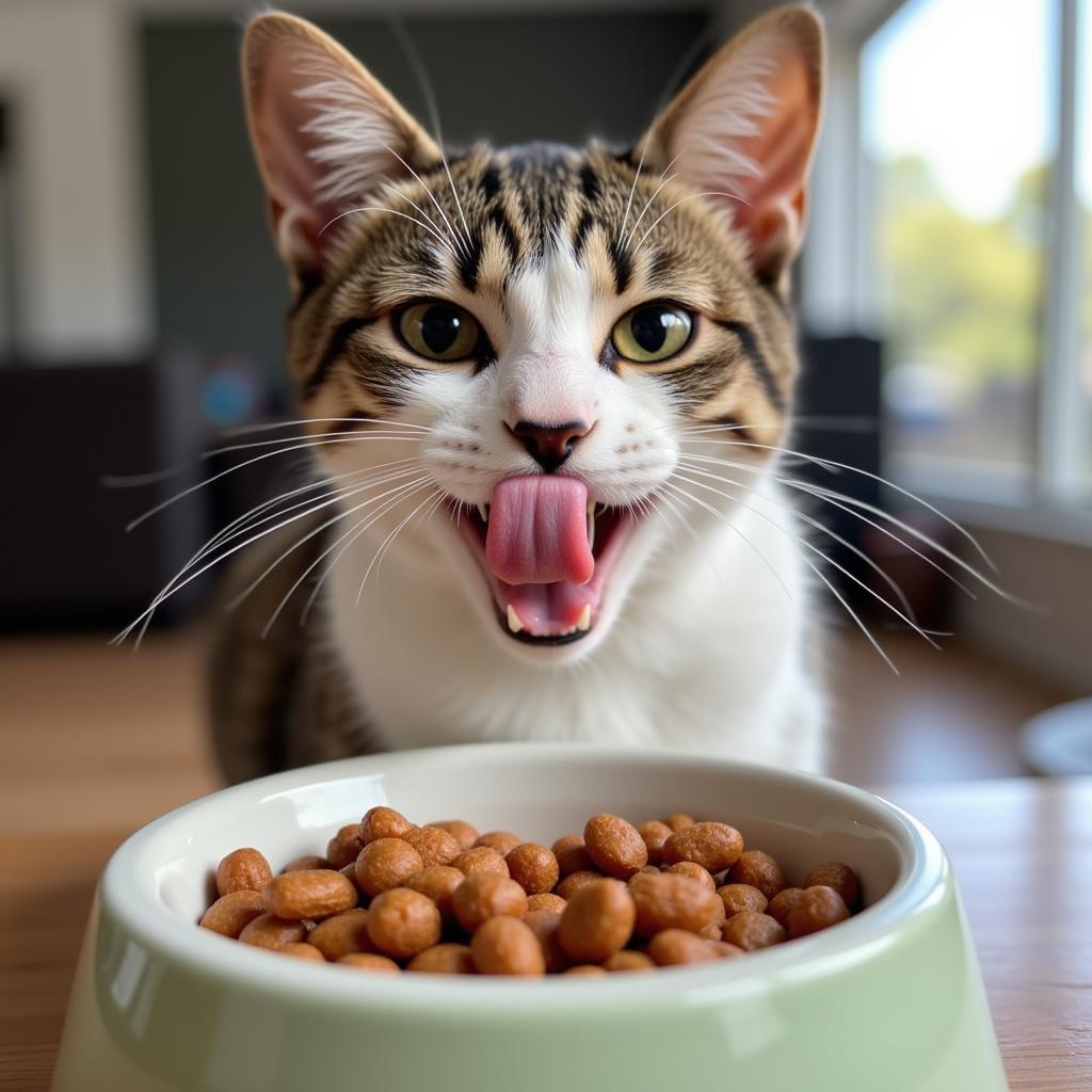 A content cat enjoying a bowl of Evolve wet cat food