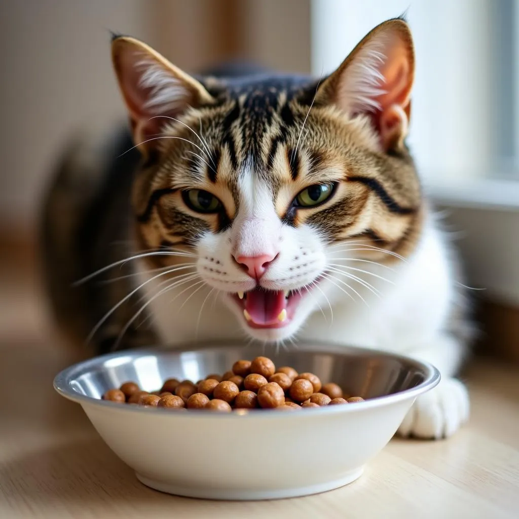 A content cat enjoying a bowl of Kaniva cat food.