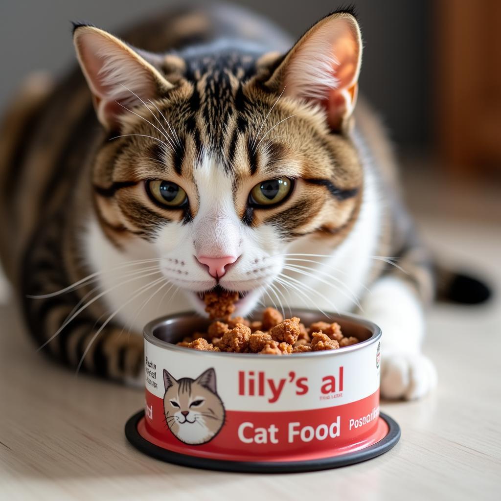 A happy cat enjoying Lily's Cat Food.