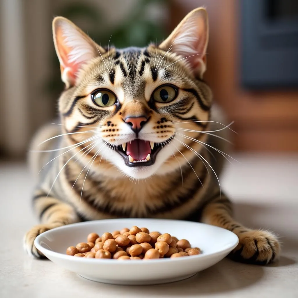 Happy Cat Eating Triumph Cat Food