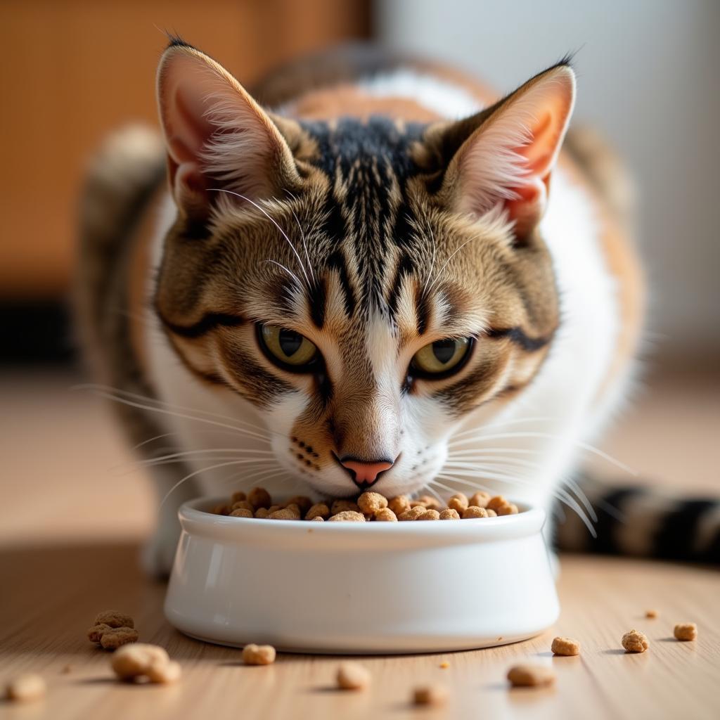 A content cat enjoying a bowl of wet food