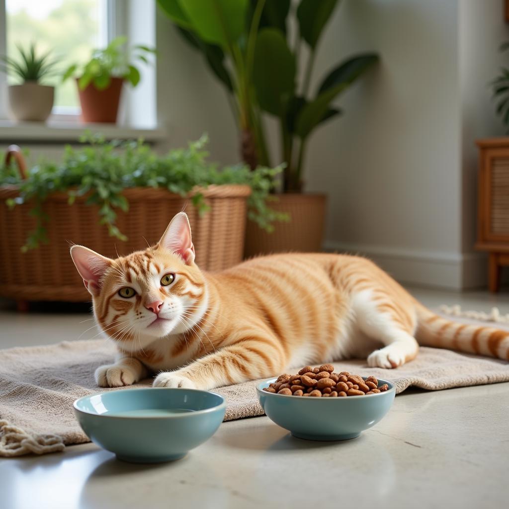 Content Cat with Food and Water Bowls