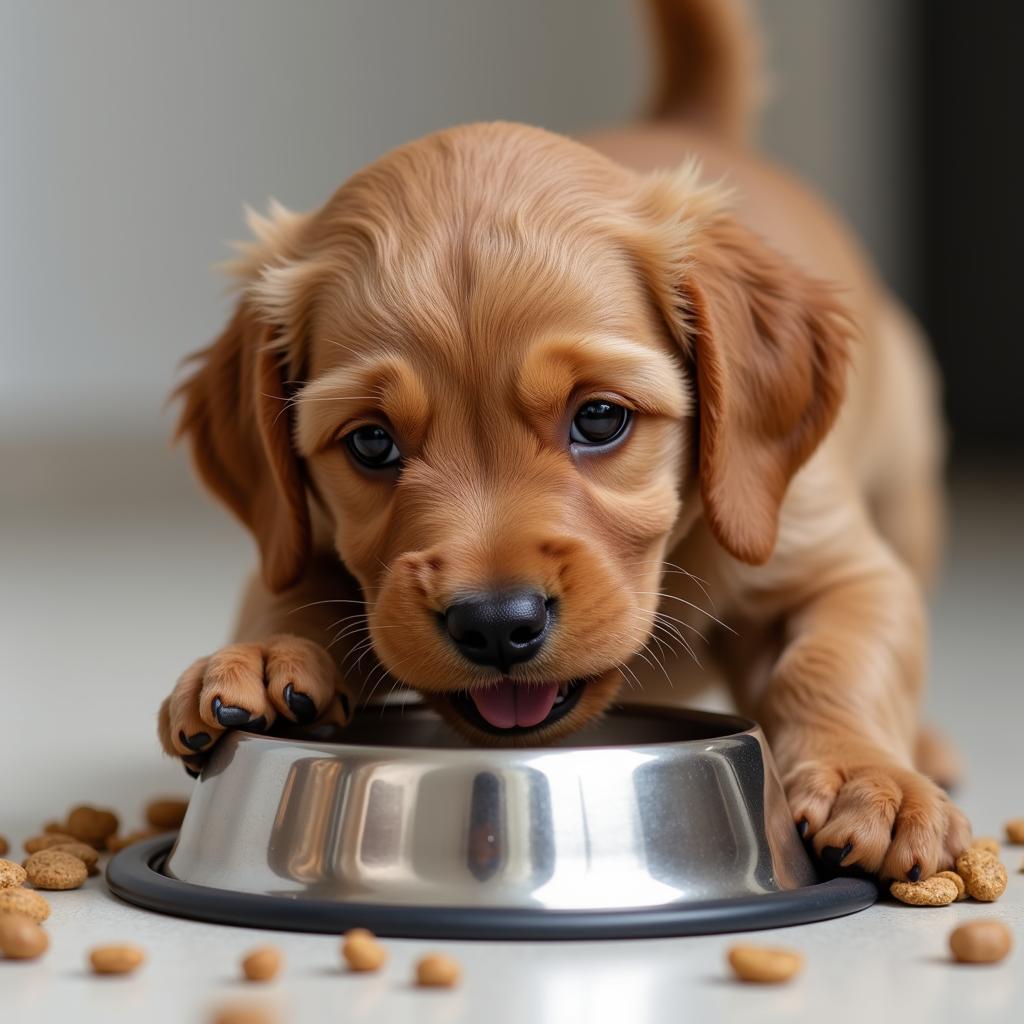 A happy Cockapoo puppy enjoys a bowl of food