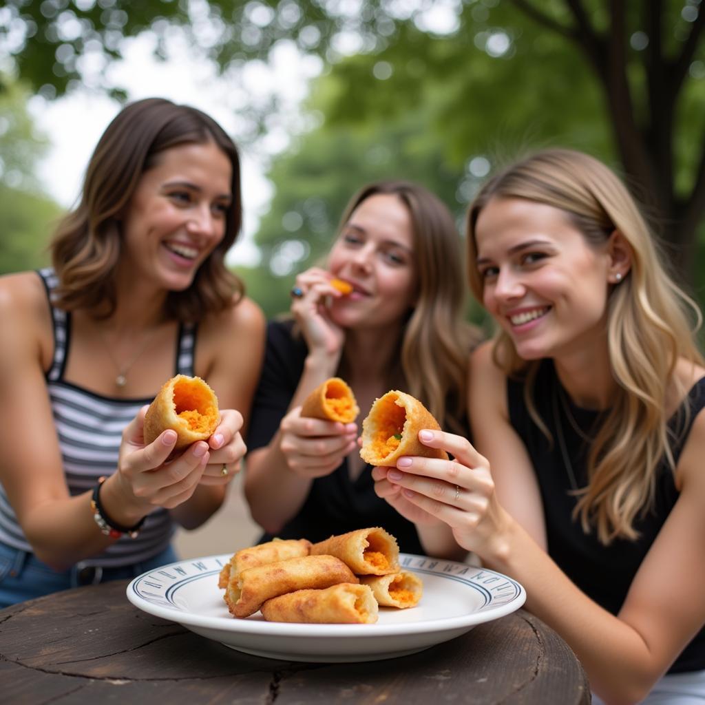 Group of Friends Enjoying KCM Egg Rolls at a Park