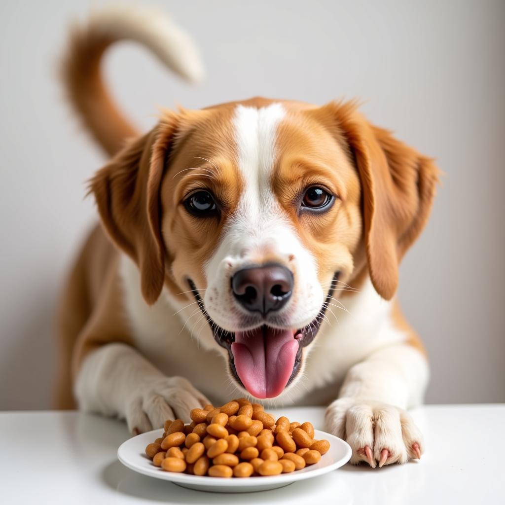 A happy dog enjoying its meal