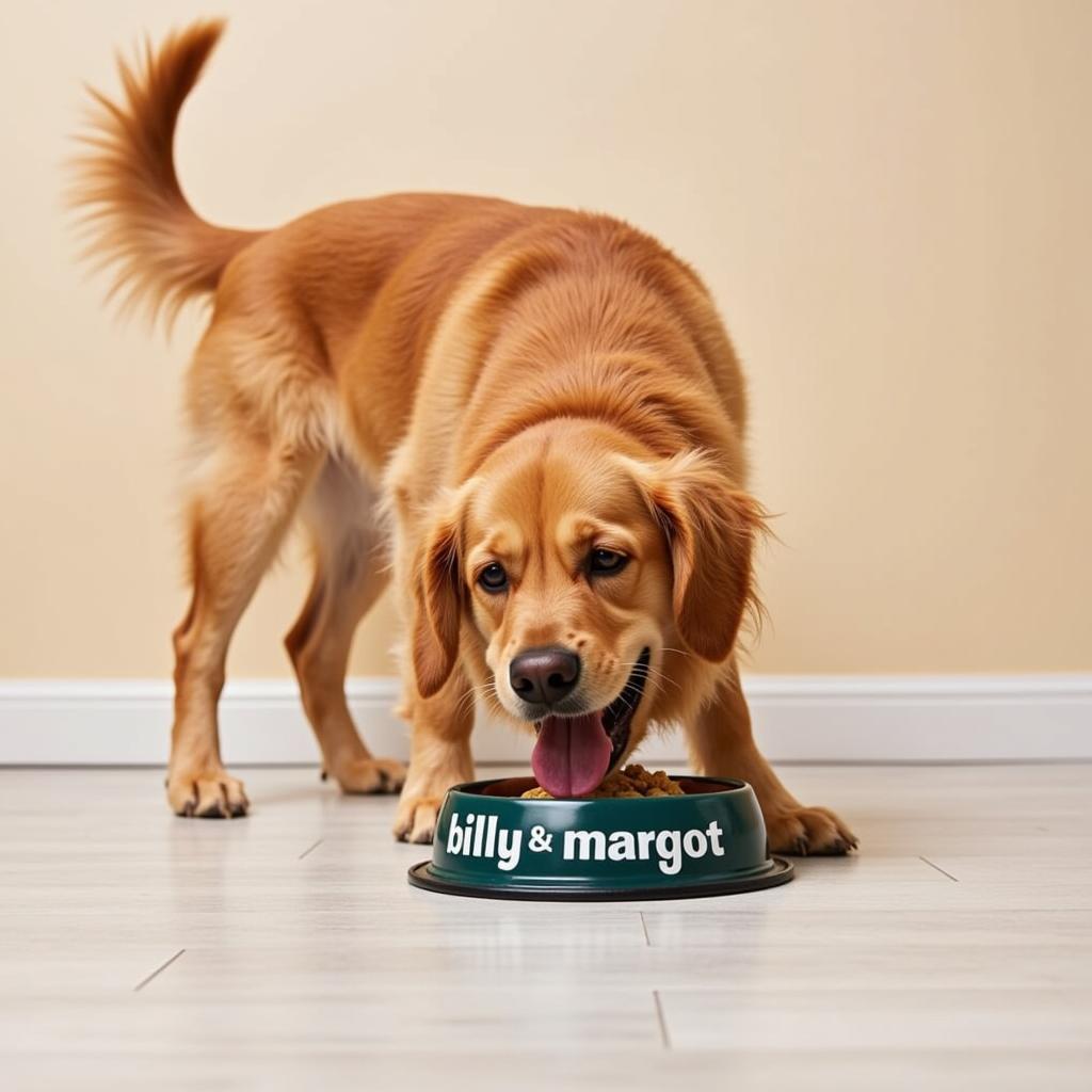 A happy dog enjoying a bowl of Billy & Margot dog food