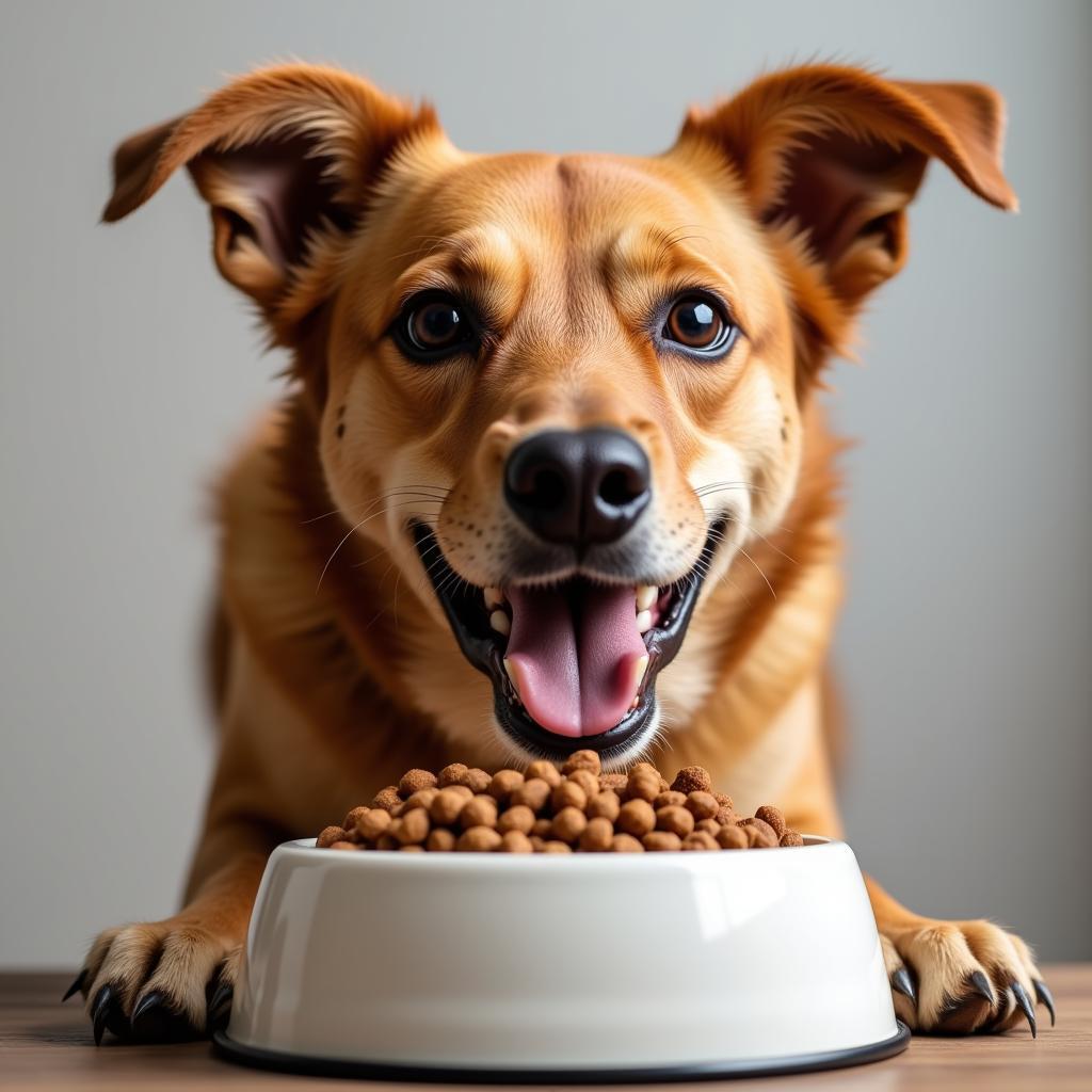 A happy dog enjoying a bowl of bison dog food.