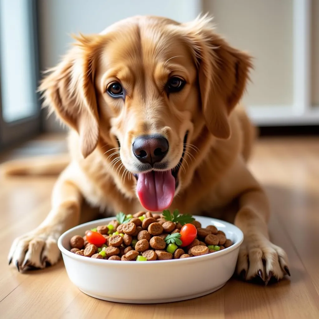 Happy dog enjoying a bowl of bistro dog food