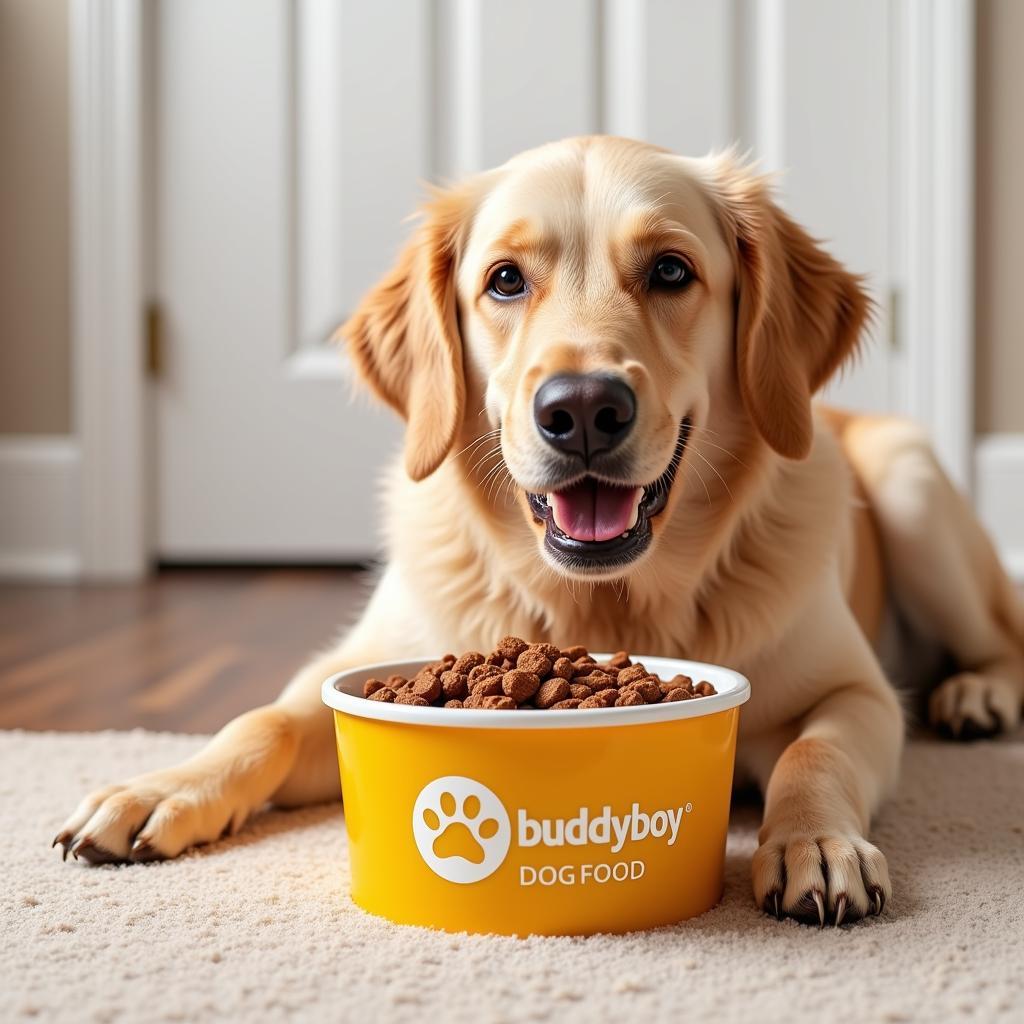 Golden Retriever Enjoying a Bowl of Buddy Boy Dog Food