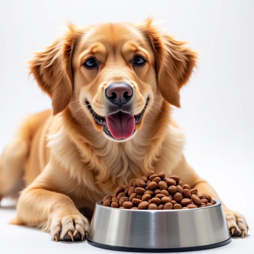 Happy dog eating copper-sulfate-free dog food