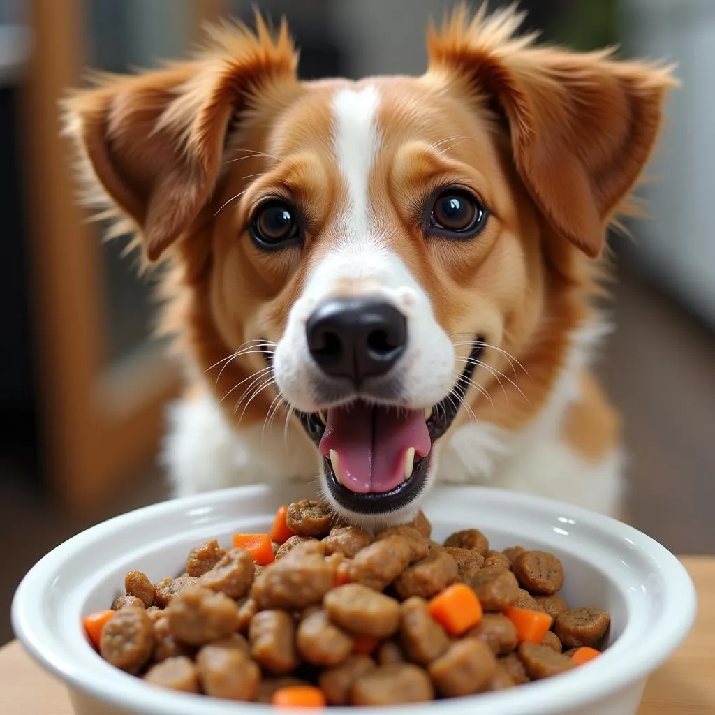 An adorable dog enjoying a bowl of homemade crockpot dog food.