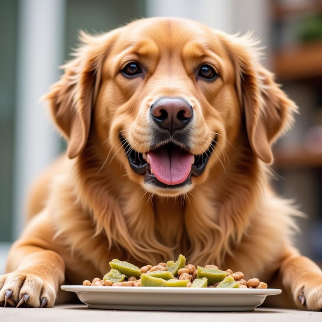 Golden Retriever enjoying a meal prepared with a Dr. Pitcairn recipe