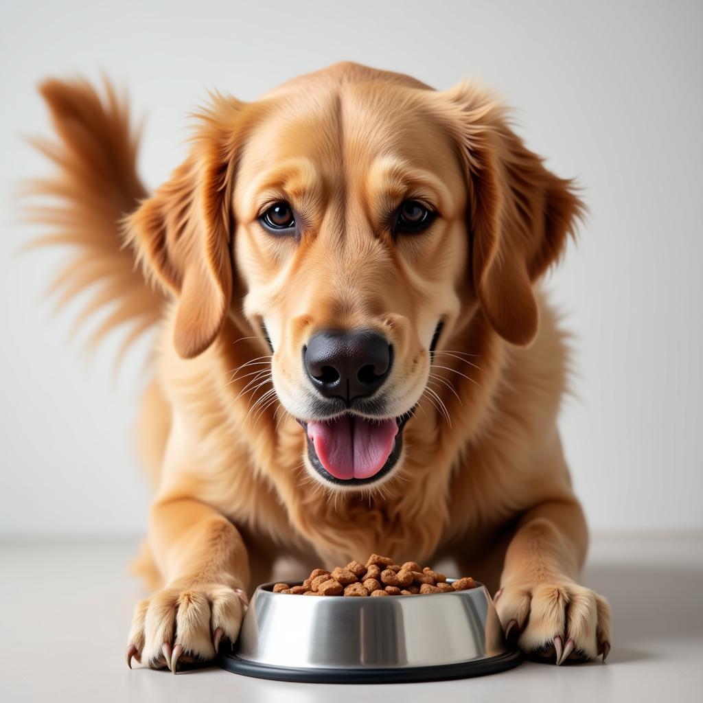 A Golden Retriever enjoying a meal from a dog bowl