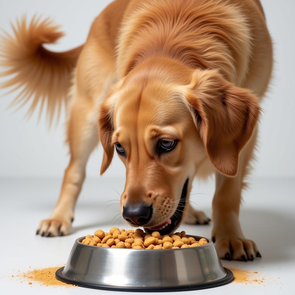 Happy dog enjoying a bowl of food topped with a show stopper dog food supplement