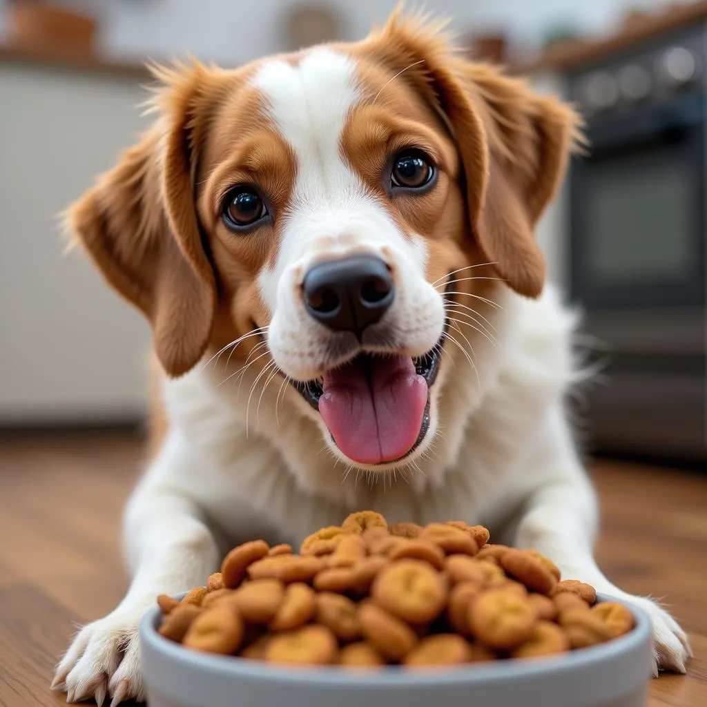 A happy dog enjoys a meal from a bowl filled with Diamond dog food.