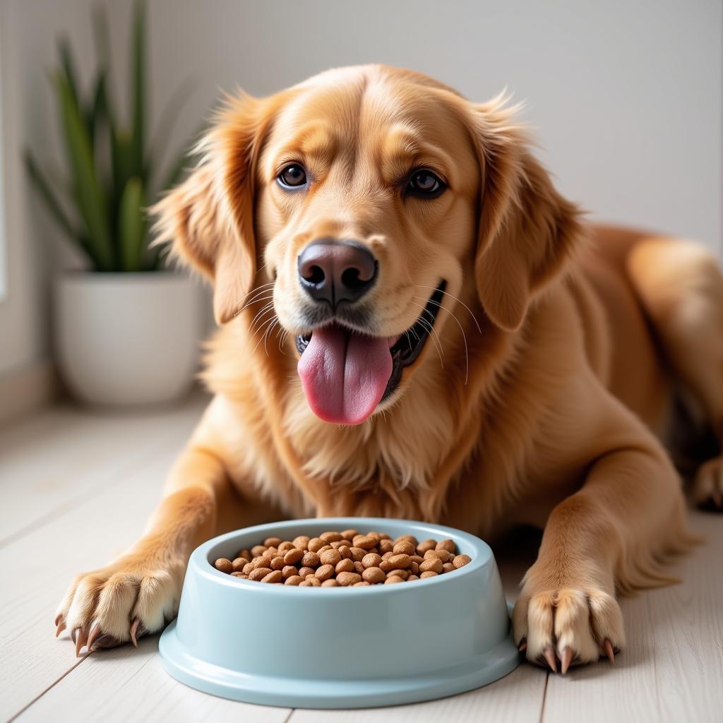 A Golden Retriever enjoying its meal