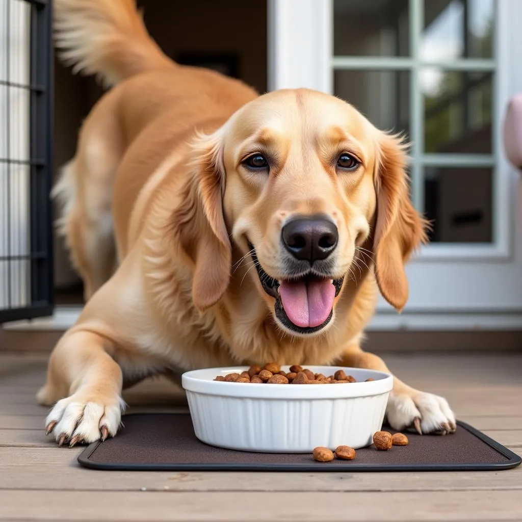 Happy Dog Eating from Bowl Outside Crate