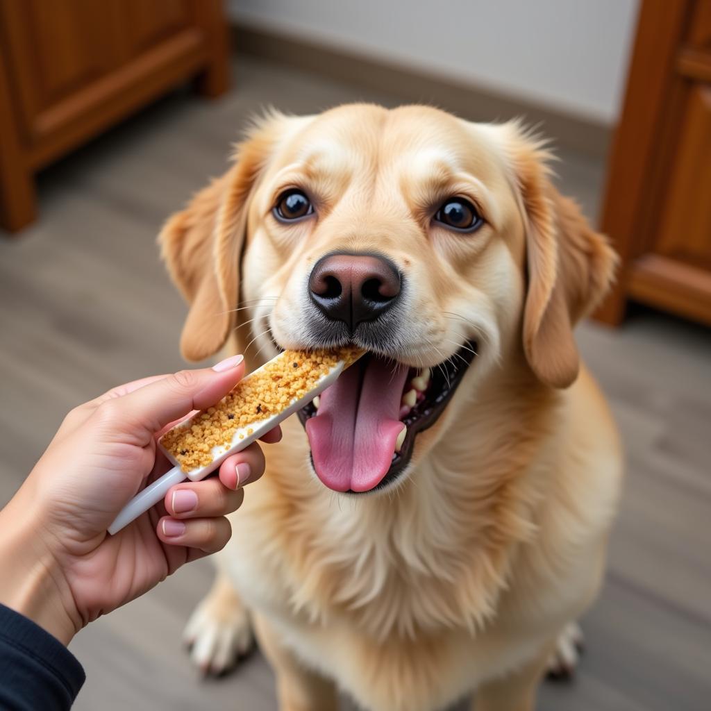  Happy dog being fed with a food syringe