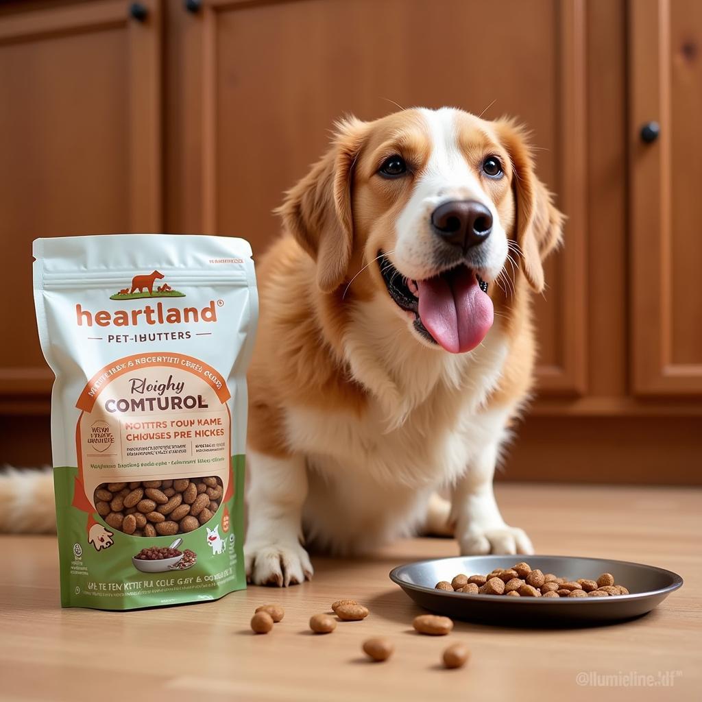 Happy dog enjoying a bowl of Heartland pet food