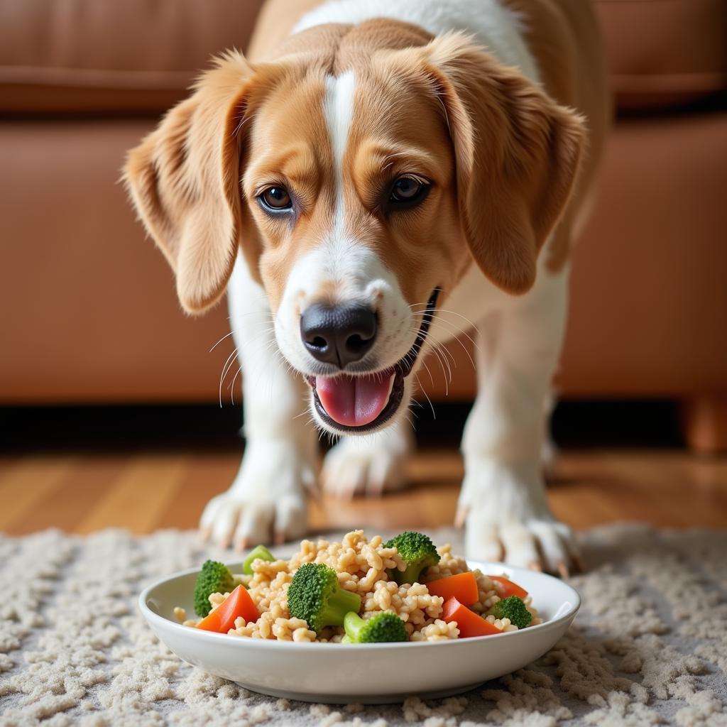 A happy dog enjoying a bowl of Kirkland Signature Chicken Rice & Vegetables adult dog food