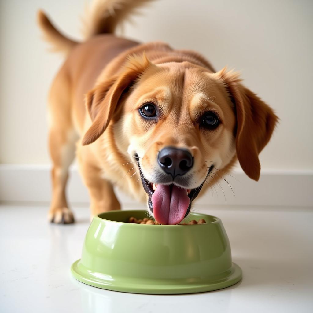 A happy dog eating new food from a bowl