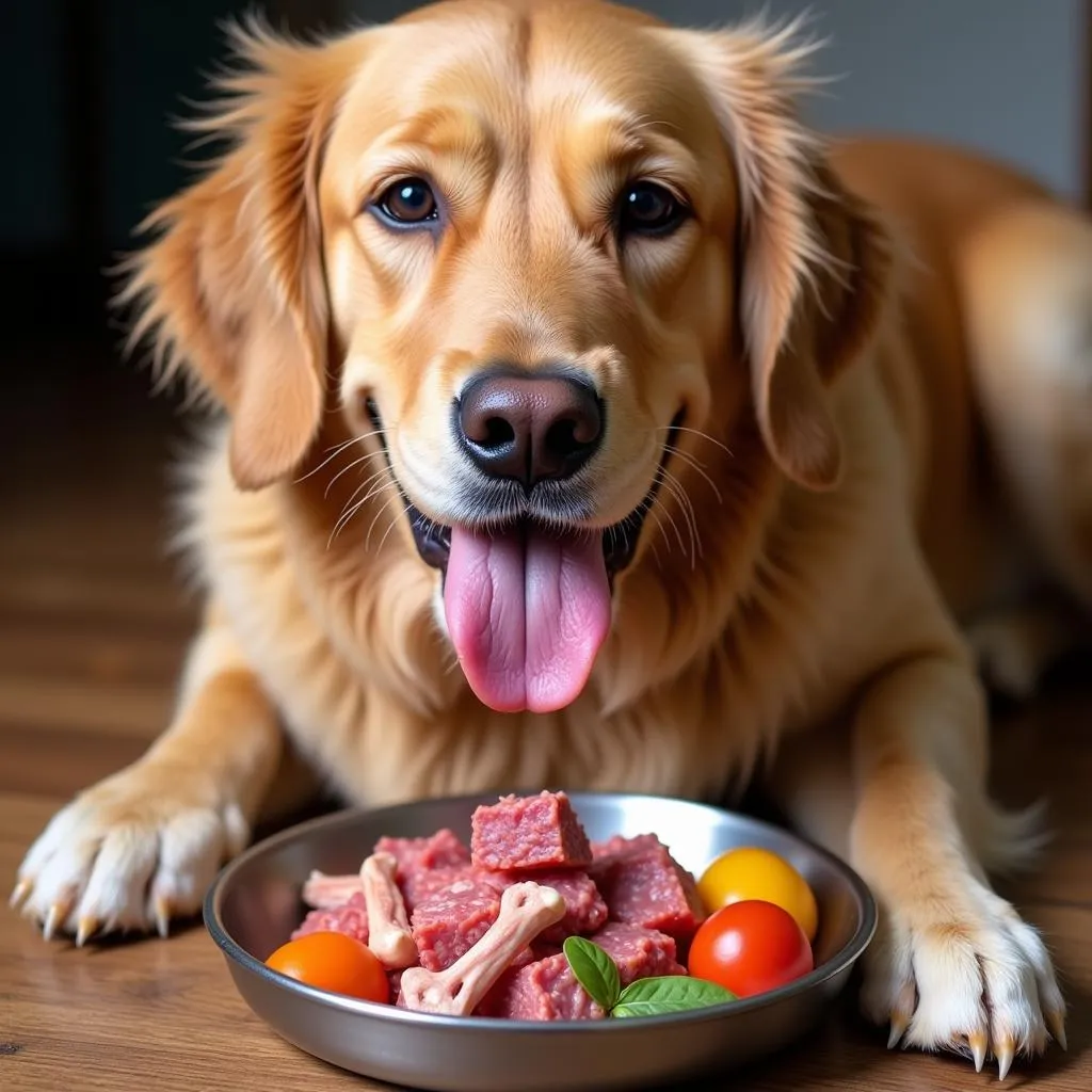 Golden Retriever Enjoying Raw Dog Food