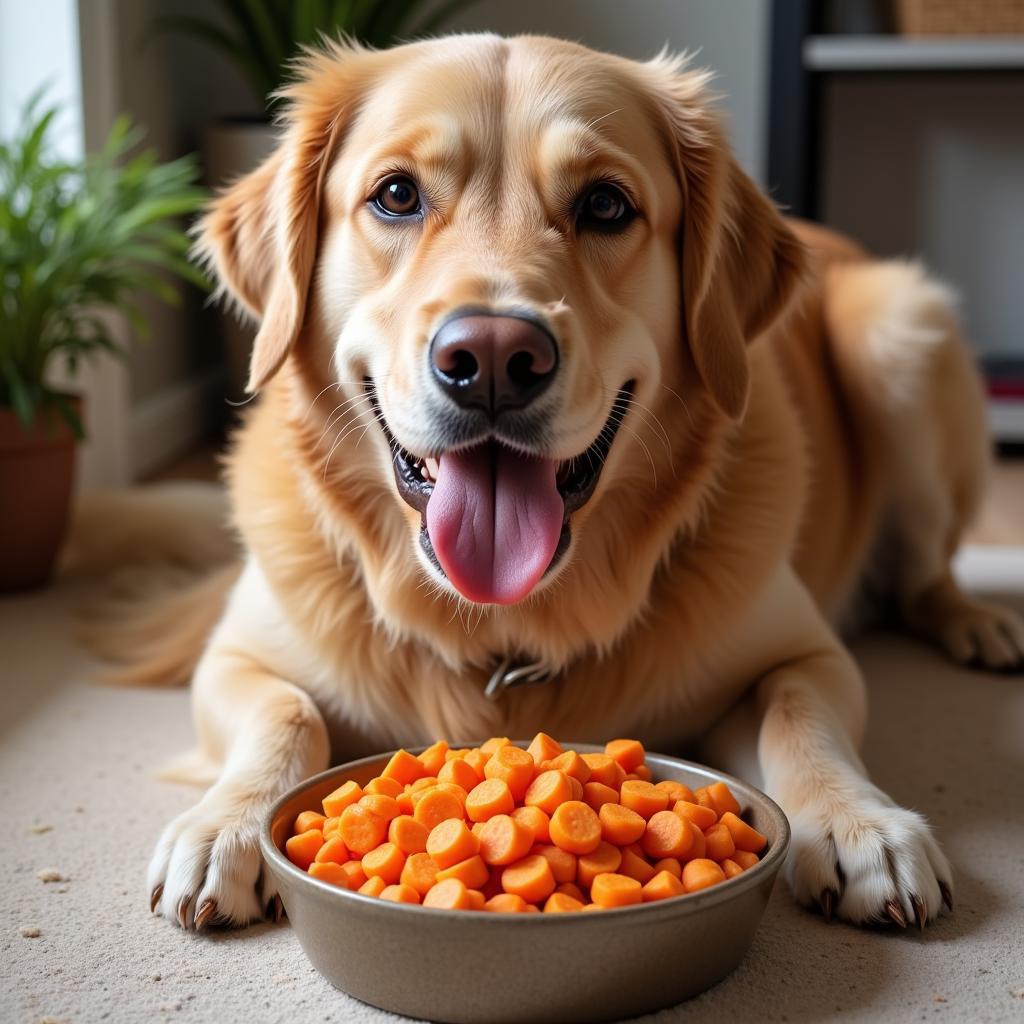 A Golden Retriever enjoying salmon sweet potato dog food