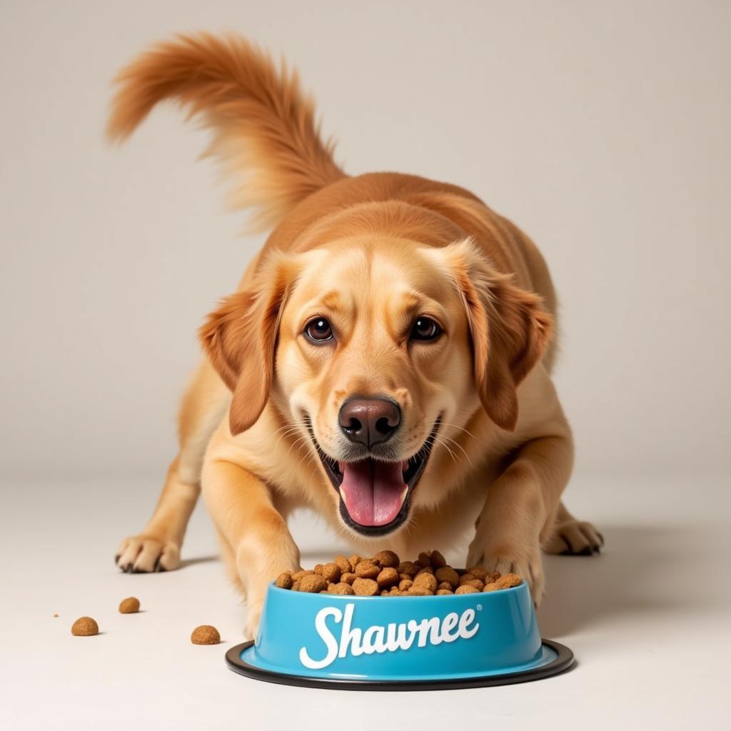 A happy golden retriever enjoying Shawnee dog food