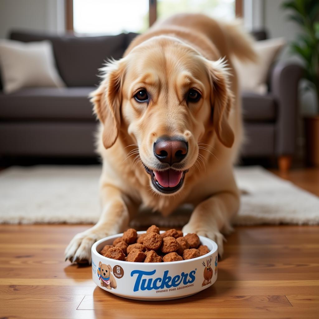 Golden Retriever enjoying a bowl of Tuckers frozen dog food