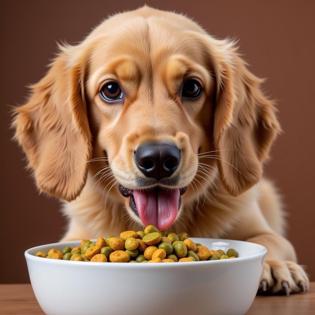 A happy dog enjoying a bowl of vegan food