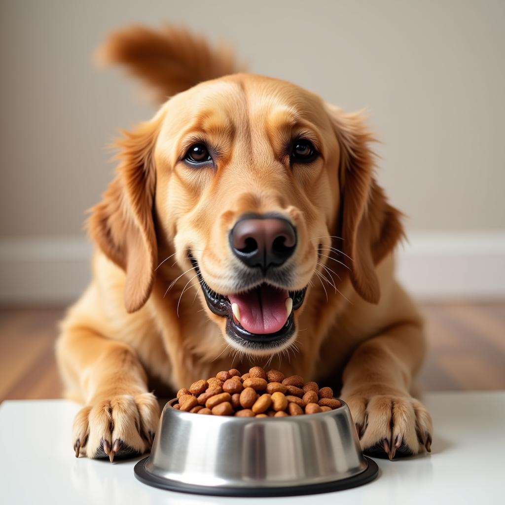 A happy dog enjoying a bowl of Happy Howl Dog Food