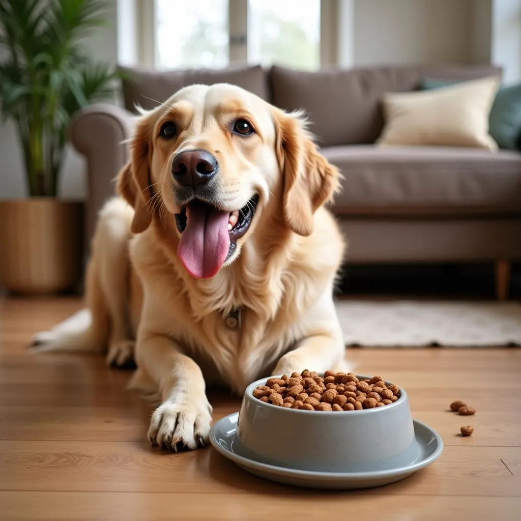 Golden Retriever enjoys a bowl of pure natural dog food