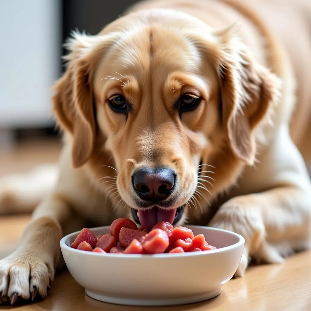 Happy Dog Enjoying Raw Food Meal