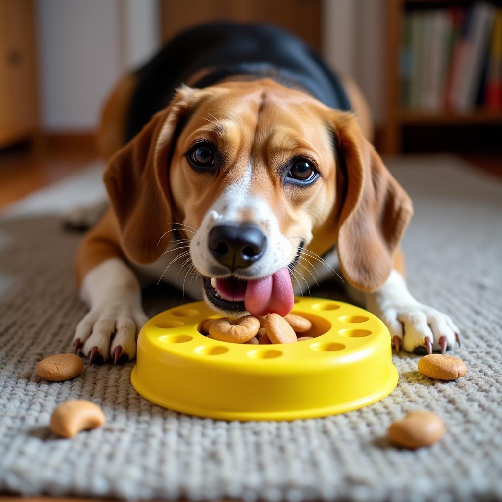 A content dog enjoys a well-deserved treat from its puzzle toy