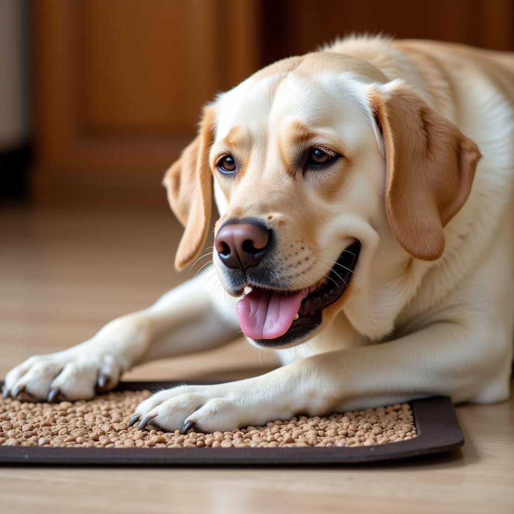 Dog after finishing a meal from a slow feeder