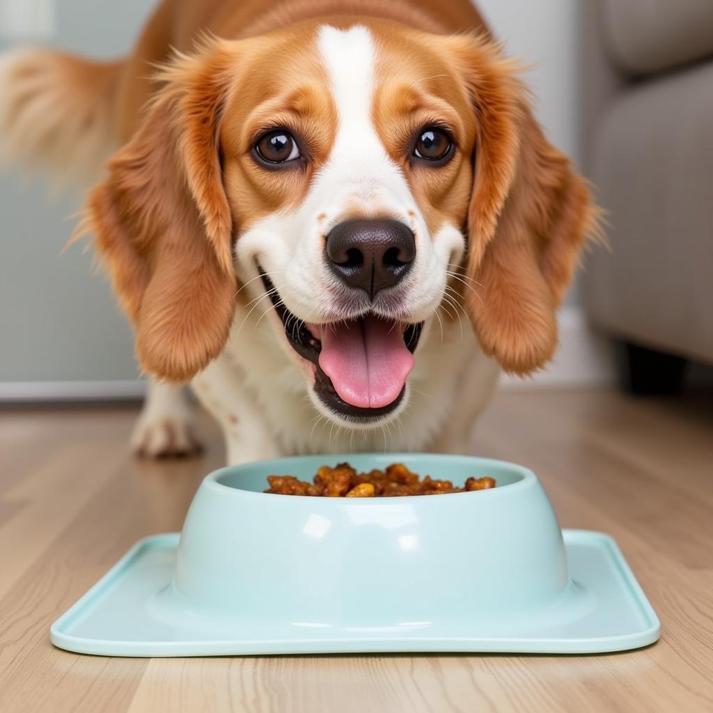 Happy Dog Eating from Bowl on Messy Mutts Silicone Food Mat