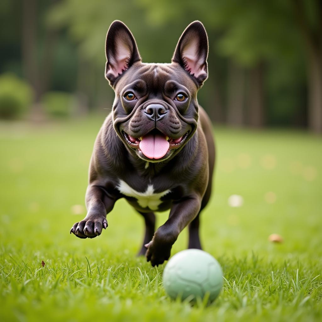  A playful French Bulldog running in a park, showcasing a healthy and active lifestyle.