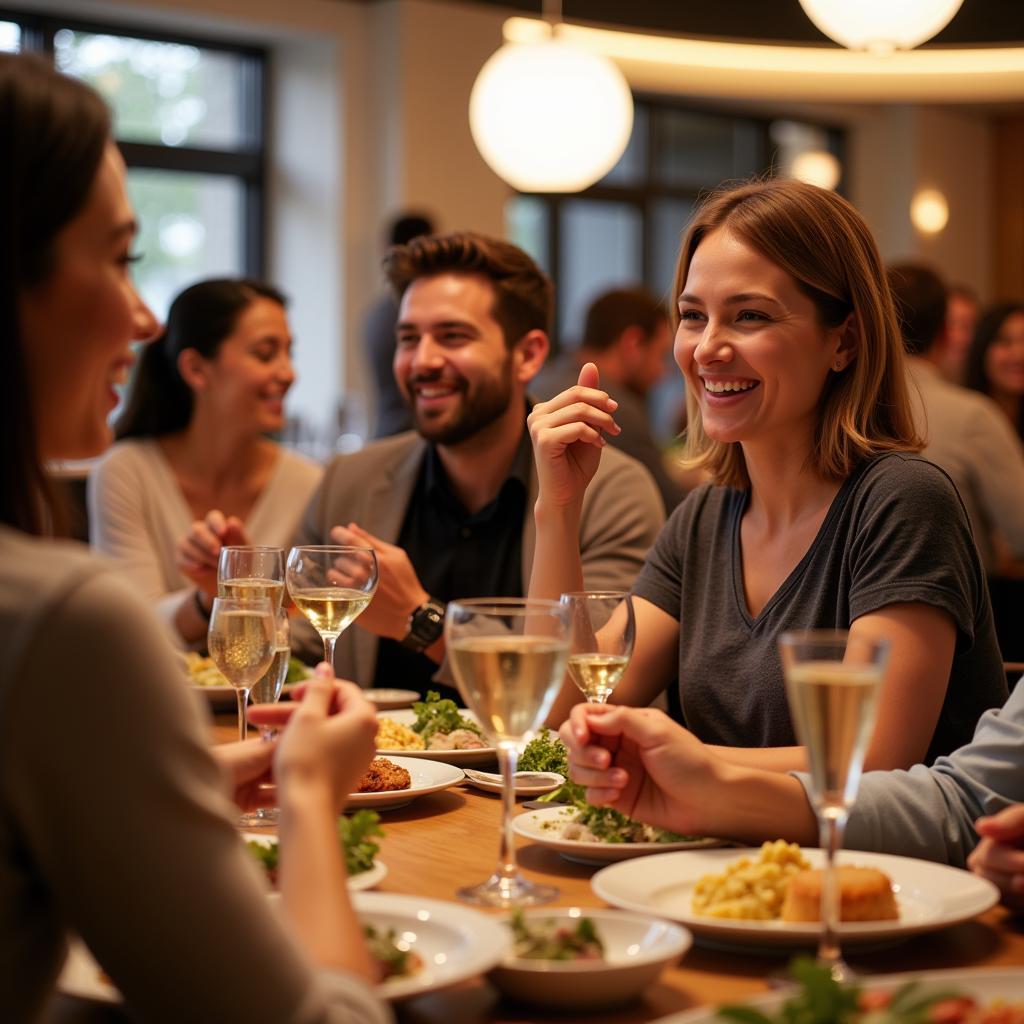 A group of guests laughing and enjoying a meal together at a catered event