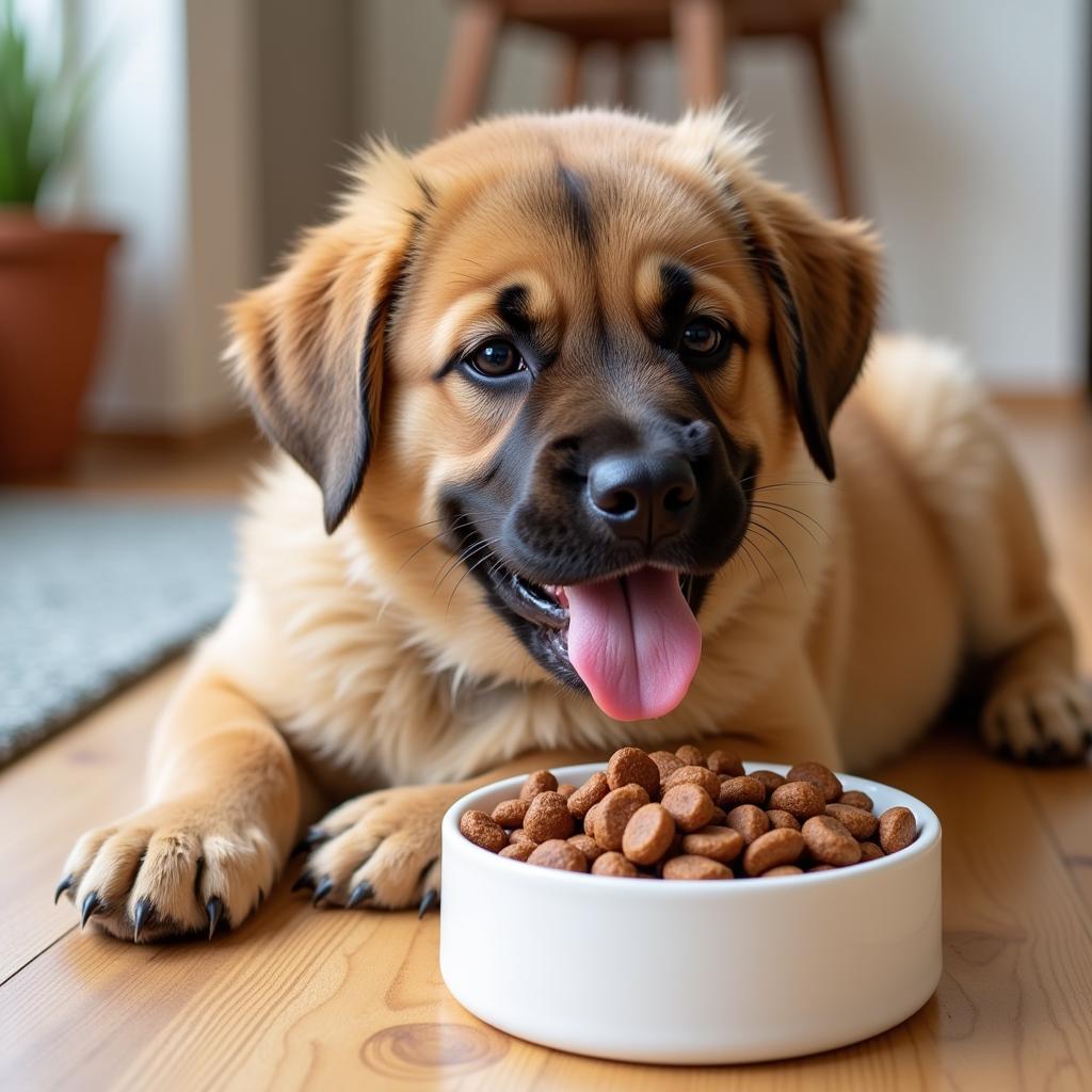 A Happy Large Breed Puppy Enjoying a Meal