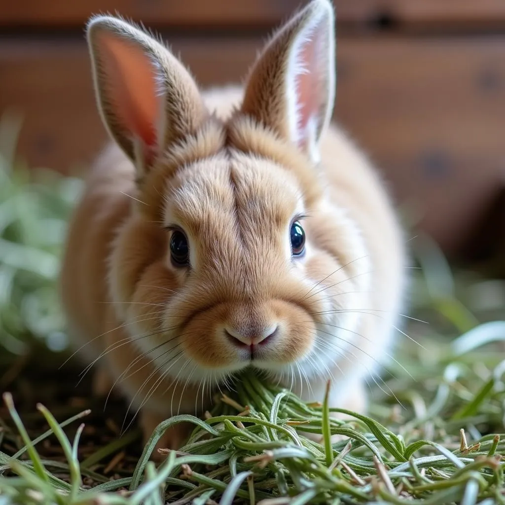 Happy Rabbit Eating Hay